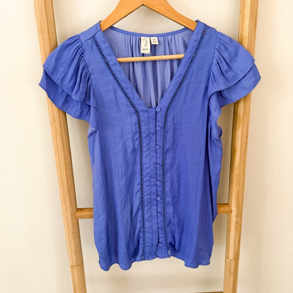 Joie Blue Ruffle Sleeve Blouse Small Button Front Ladder Trim Boho Top